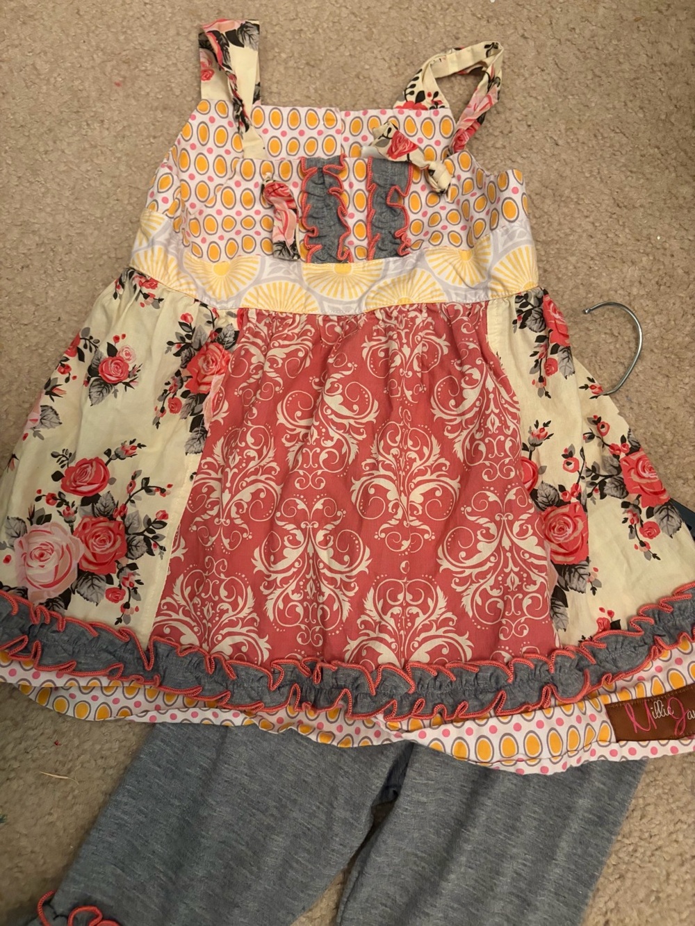 Toddler Millie Jay Floral & Damask Girls Dress Top pant set Cream, Coral, Yellow